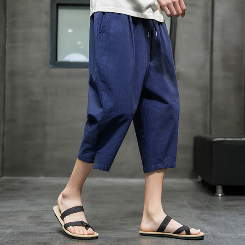 Buddha Stones Summer Men's Linen Drawstring Cropped Pants With Pockets - image 3