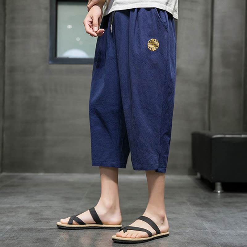 Buddha Stones Summer Men's Linen Drawstring Cropped Pants With Pockets