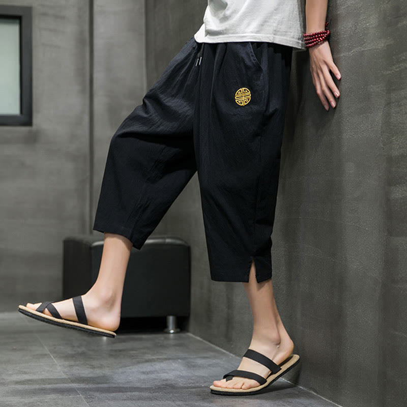 Buddha Stones Summer Men's Linen Drawstring Cropped Pants With Pockets