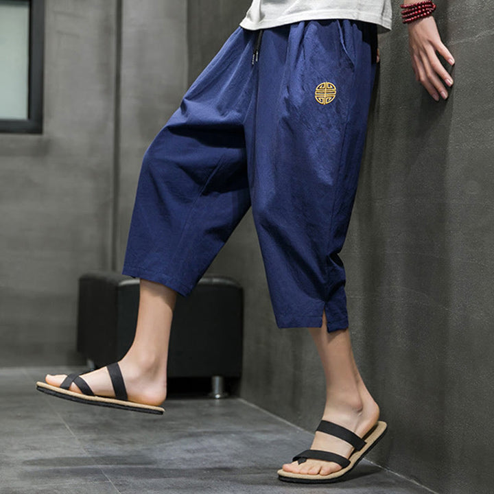 Buddha Stones Summer Men's Linen Drawstring Cropped Pants With Pockets