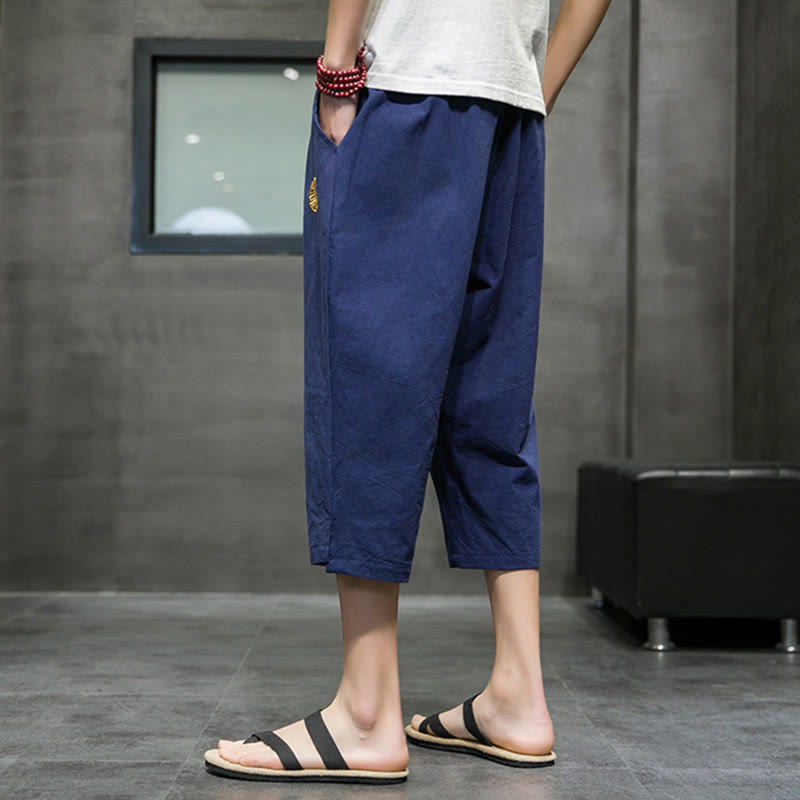 Buddha Stones Summer Men's Linen Drawstring Cropped Pants With Pockets