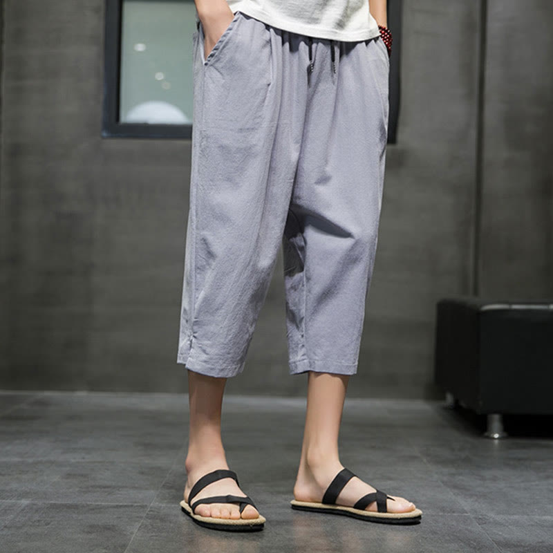 Buddha Stones Summer Men's Linen Drawstring Cropped Pants With Pockets - image 18