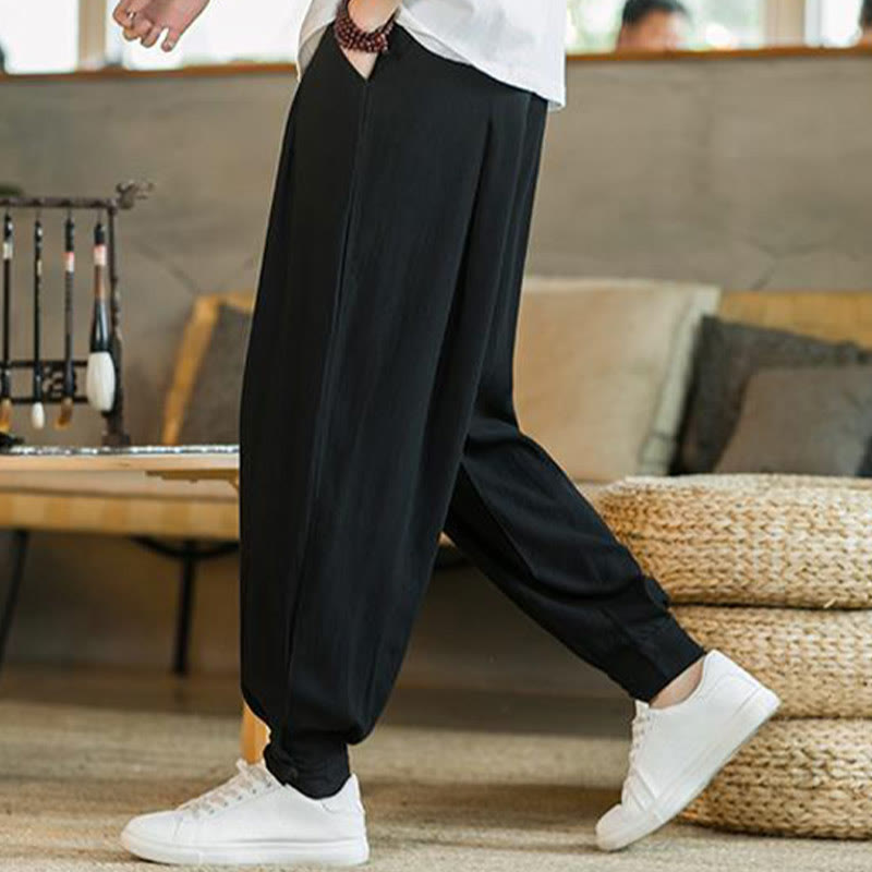 Buddha Stones Summer Plain Men's Cotton Linen Tapered Pants With Pockets - image 19