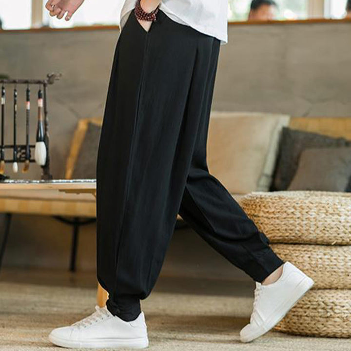 Buddha Stones Summer Plain Men's Cotton Linen Tapered Pants With Pockets