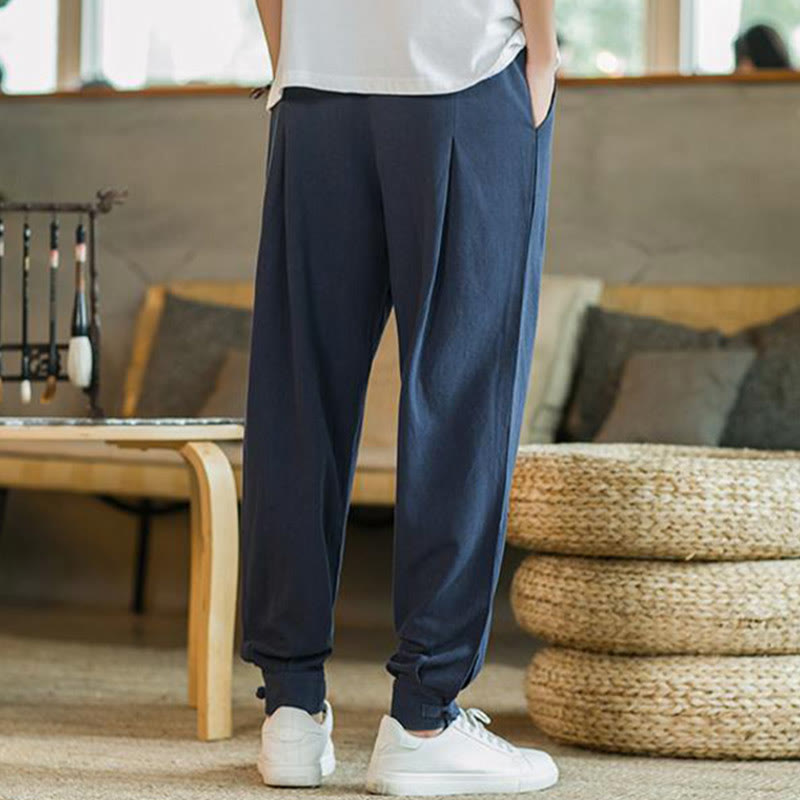 Buddha Stones Summer Plain Men's Cotton Linen Tapered Pants With Pockets