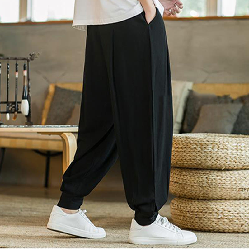 Buddha Stones Summer Plain Men's Cotton Linen Tapered Pants With Pockets