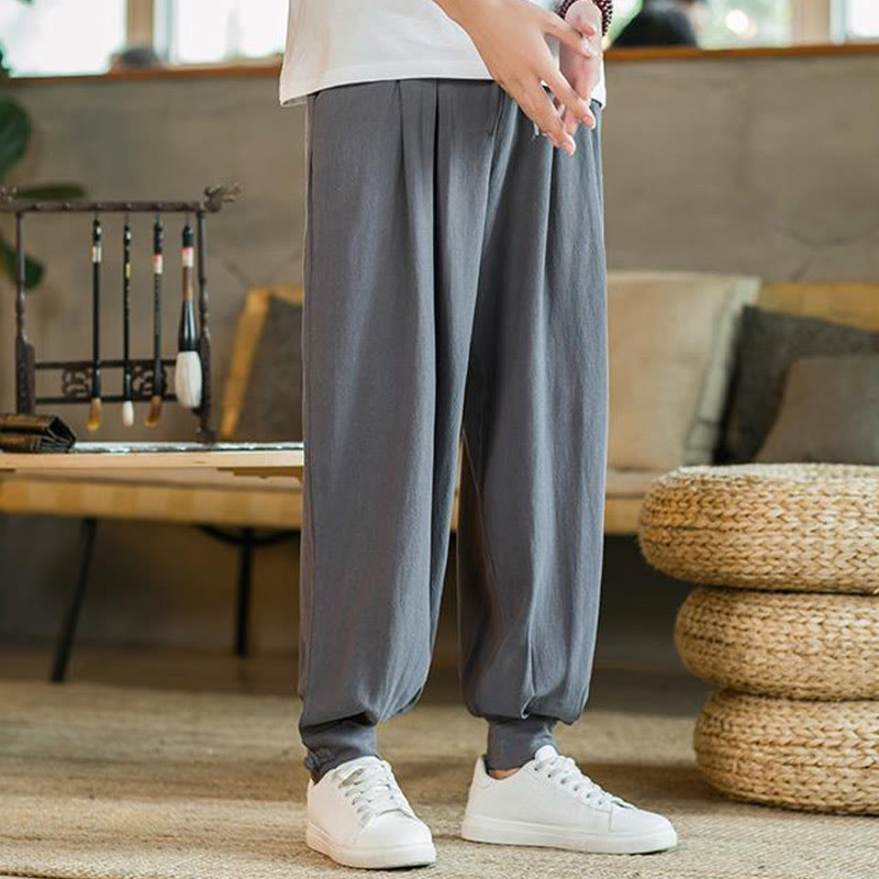 Buddha Stones Summer Plain Men's Cotton Linen Tapered Pants With Pockets