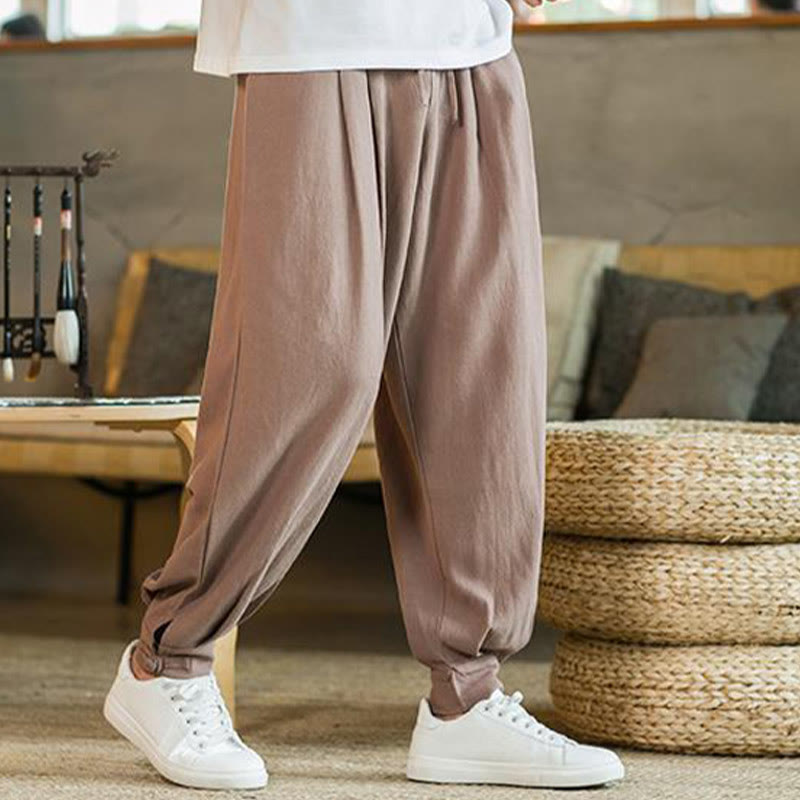 Buddha Stones Summer Plain Men's Cotton Linen Tapered Pants With Pockets