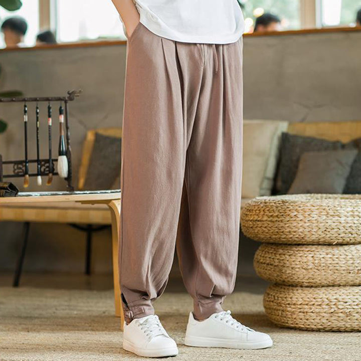 Buddha Stones Summer Plain Men's Cotton Linen Tapered Pants With Pockets