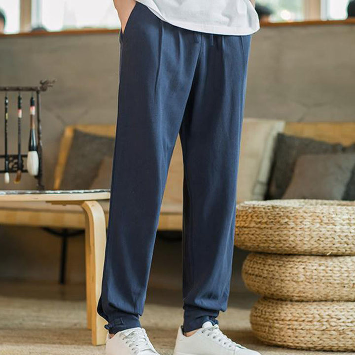 Buddha Stones Summer Plain Men's Cotton Linen Tapered Pants With Pockets