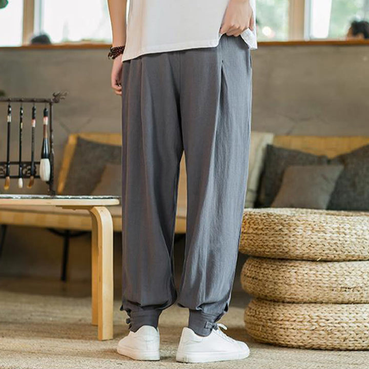 Buddha Stones Summer Plain Men's Cotton Linen Tapered Pants With Pockets