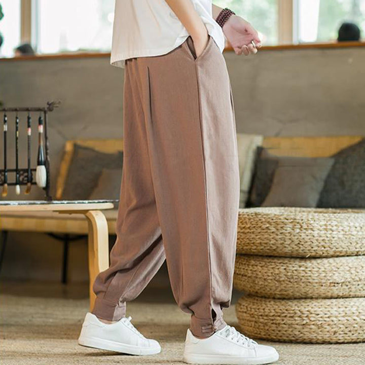 Buddha Stones Summer Plain Men's Cotton Linen Tapered Pants With Pockets