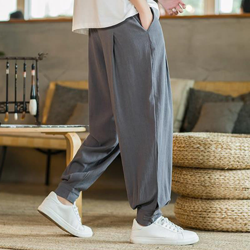 Buddha Stones Summer Plain Men's Cotton Linen Tapered Pants With Pockets