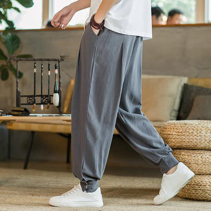 Buddha Stones Summer Plain Men's Cotton Linen Tapered Pants With Pockets