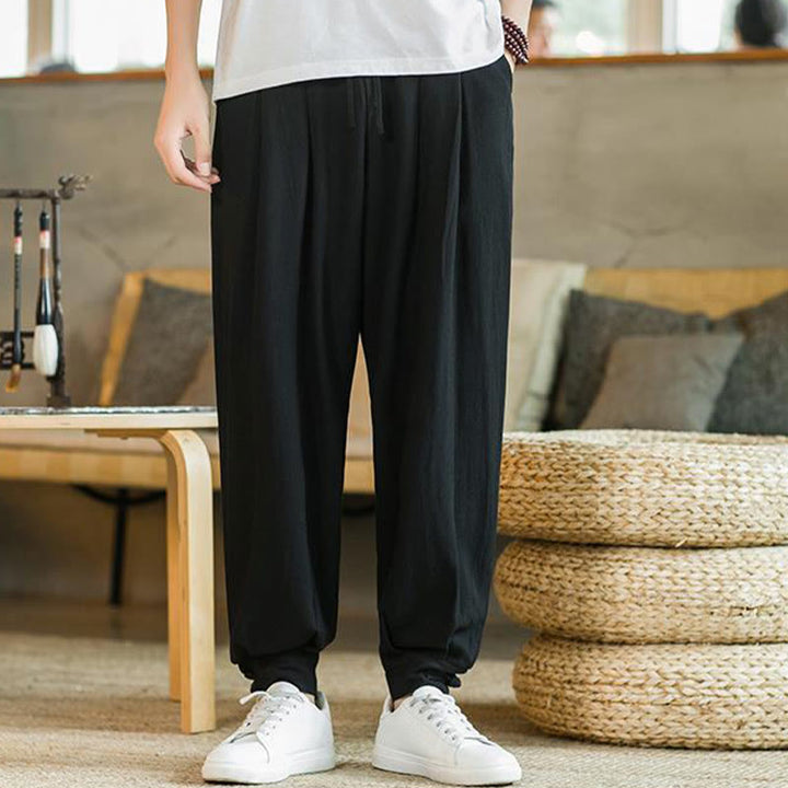 Buddha Stones Summer Plain Men's Cotton Linen Tapered Pants With Pockets