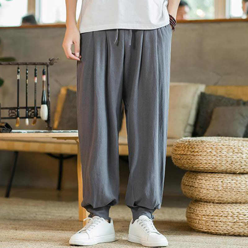 Buddha Stones Summer Plain Men's Cotton Linen Tapered Pants With Pockets