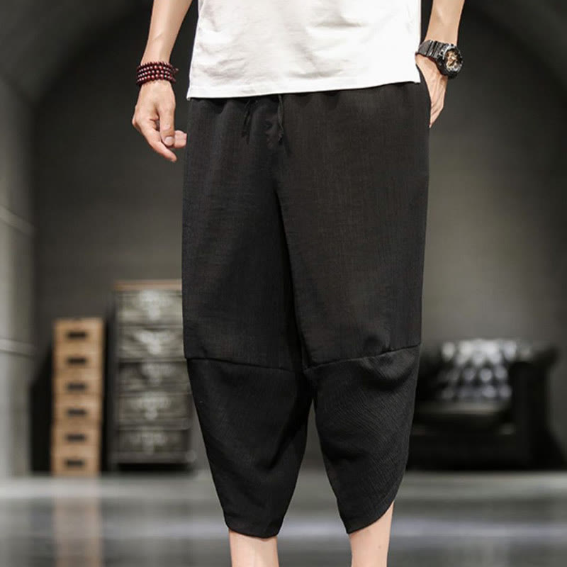 Buddha Stones Summer Solid Men's Cotton Linen Cropped Pants With Pockets