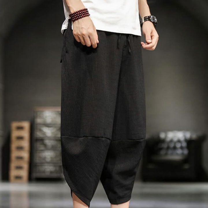 Buddha Stones Summer Solid Men's Cotton Linen Cropped Pants With Pockets