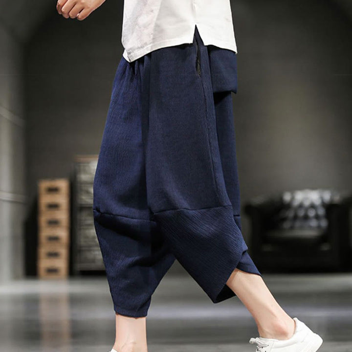 Buddha Stones Summer Solid Men's Cotton Linen Cropped Pants With Pockets