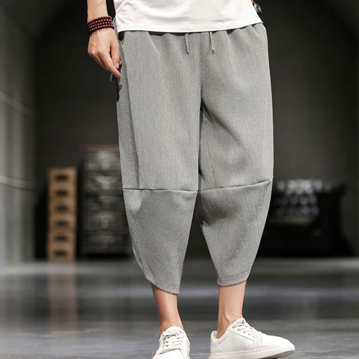 Buddha Stones Summer Solid Men's Cotton Linen Cropped Pants With Pockets