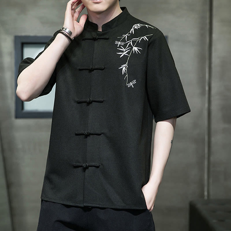 Buddha Stones Frog-Button Leaf Dragonfly Embroidery Men's Short Sleeve Shirt