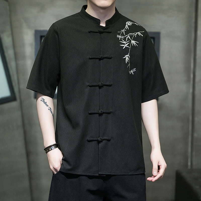 Buddha Stones Frog-Button Leaf Dragonfly Embroidery Men's Short Sleeve Shirt - image 15