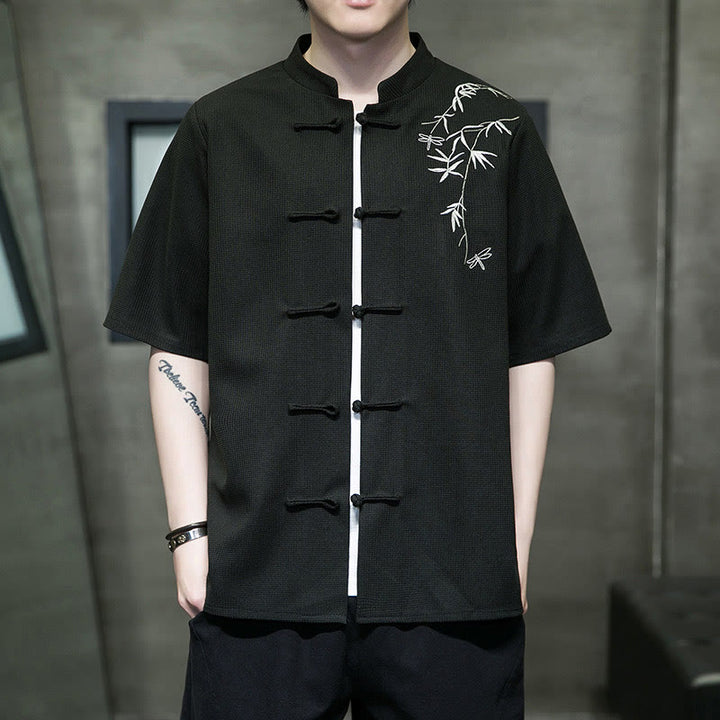 Buddha Stones Frog-Button Leaf Dragonfly Embroidery Men's Short Sleeve Shirt