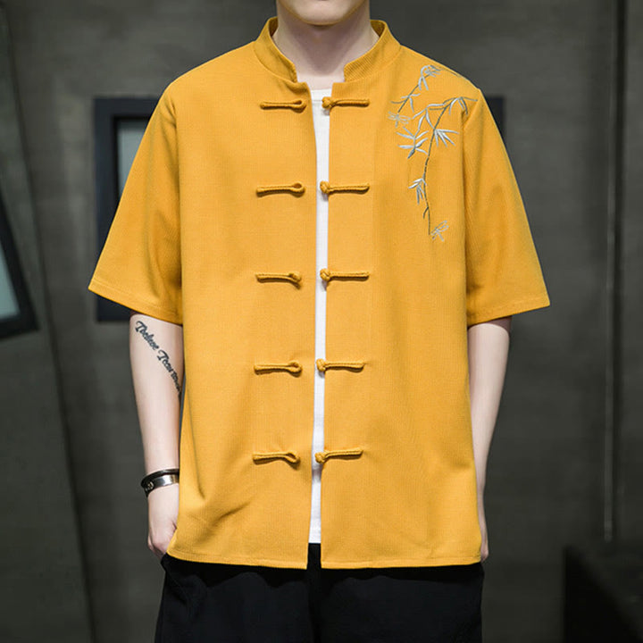 Buddha Stones Frog-Button Leaf Dragonfly Embroidery Men's Short Sleeve Shirt - Gold - US/UK/AU46，EU56 (5XL)  - image 6