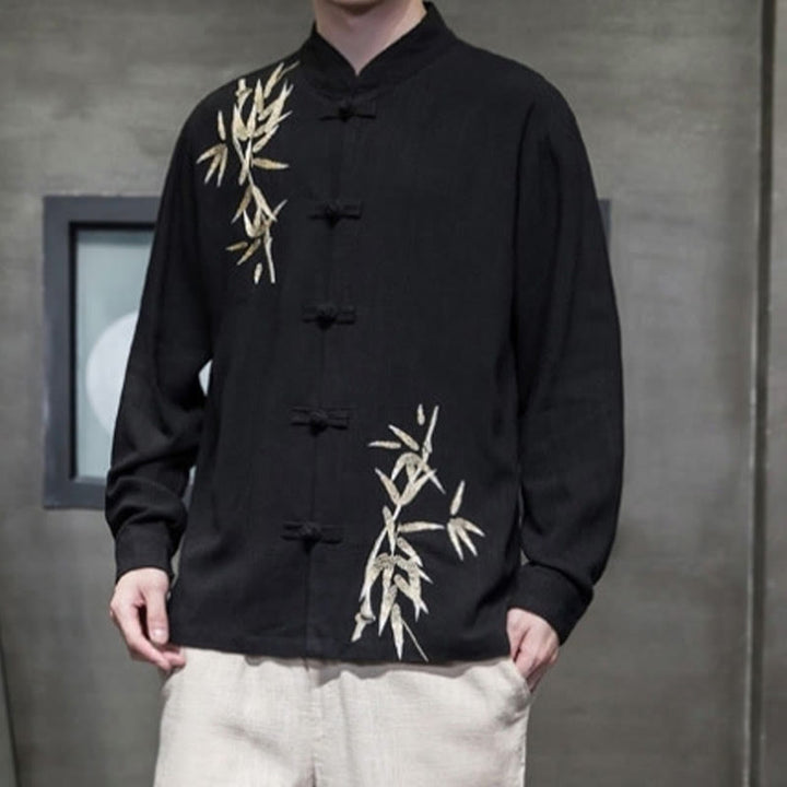 Buddha Stones Chinese Frog-Button Tang Suit Bamboo Leaves Long Sleeve Shirt Cotton Linen Men's Jacket - image 7
