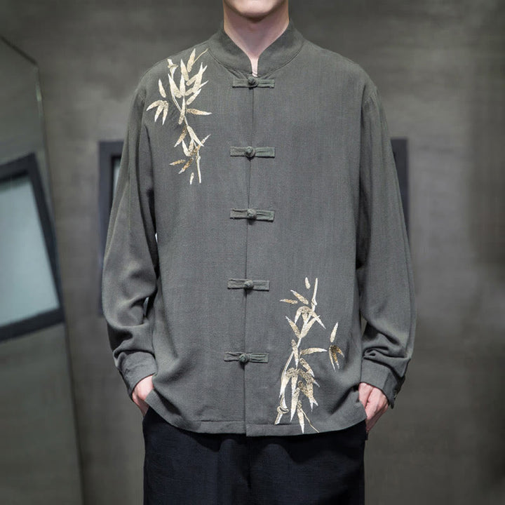 Buddha Stones Chinese Frog-Button Tang Suit Bamboo Leaves Long Sleeve Shirt Cotton Linen Men's Jacket