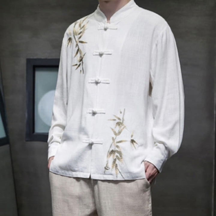 Buddha Stones Chinese Frog-Button Tang Suit Bamboo Leaves Long Sleeve Shirt Cotton Linen Men's Jacket - image 1