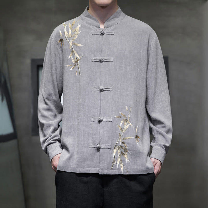 Buddha Stones Chinese Frog-Button Tang Suit Bamboo Leaves Long Sleeve Shirt Cotton Linen Men's Jacket - LightGrey - US/UK/AU46，EU56 (5XL)  - image 11