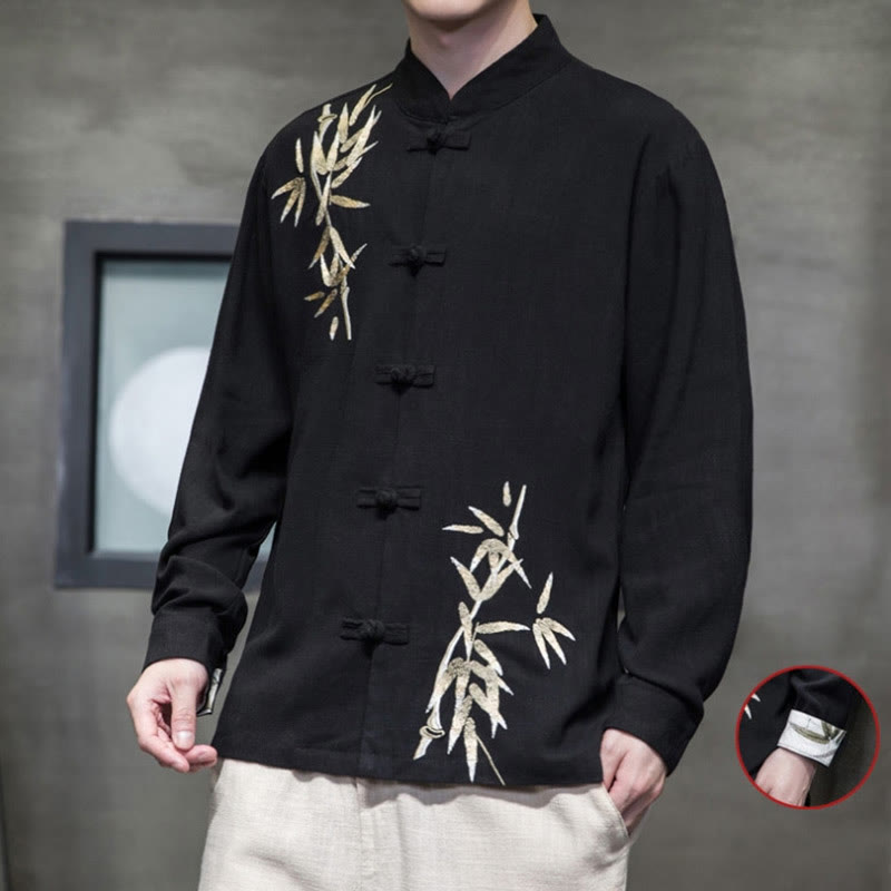 Buddha Stones Chinese Frog-Button Tang Suit Bamboo Leaves Long Sleeve Shirt Cotton Linen Men's Jacket