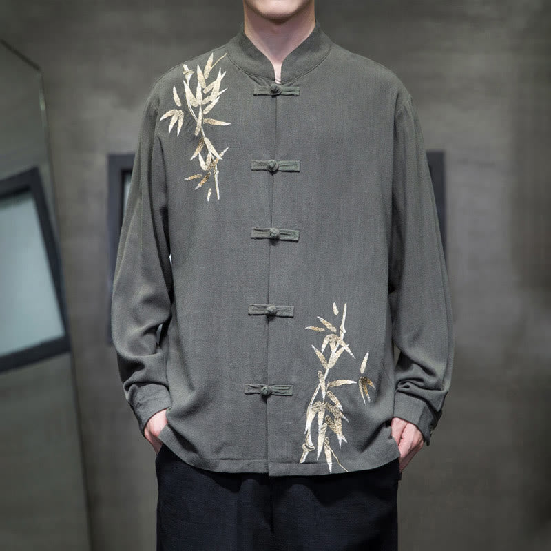 Buddha Stones Chinese Frog-Button Tang Suit Bamboo Leaves Long Sleeve Shirt Cotton Linen Men's Jacket - DarkSeaGreen - US/UK/AU46，EU56 (5XL)  - image 9