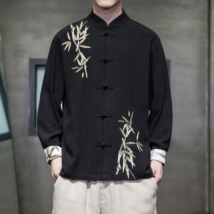 Buddha Stones Chinese Frog-Button Tang Suit Bamboo Leaves Long Sleeve Shirt Cotton Linen Men's Jacket - Black - US/UK/AU46，EU56 (5XL)  - image 6
