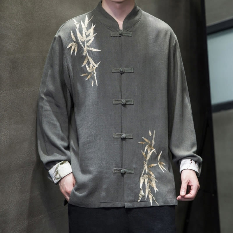 Buddha Stones Chinese Frog-Button Tang Suit Bamboo Leaves Long Sleeve Shirt Cotton Linen Men's Jacket - image 10