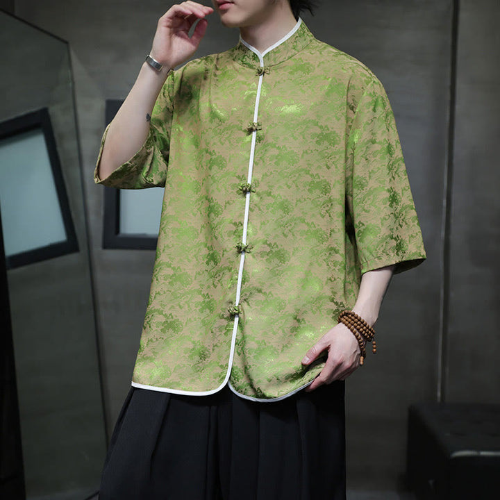 Buddha Stones Chinese Tang Suit Frog-Button Print Men's Half Sleeve Shirt