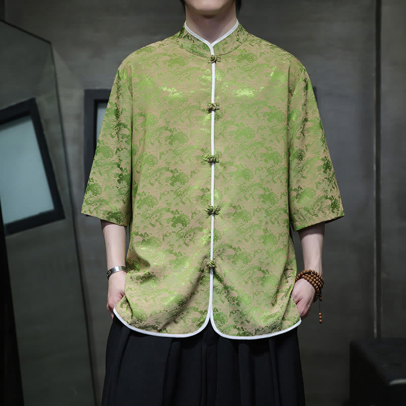 Buddha Stones Chinese Tang Suit Frog-Button Print Men's Half Sleeve Shirt