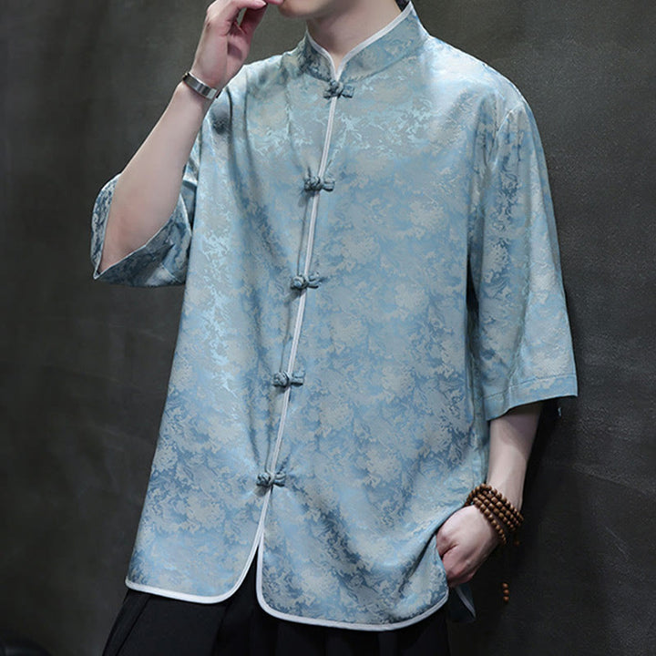 Buddha Stones Chinese Tang Suit Frog-Button Print Men's Half Sleeve Shirt