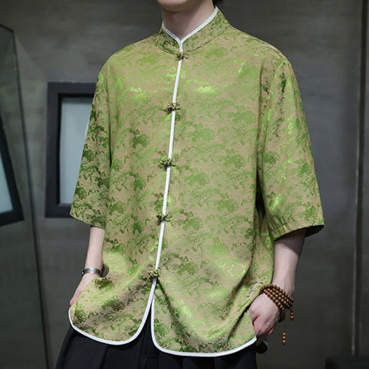 Buddha Stones Chinese Tang Suit Frog-Button Print Men's Half Sleeve Shirt