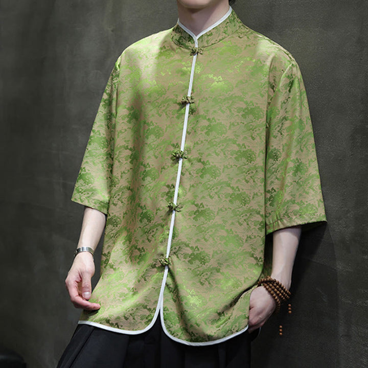 Buddha Stones Chinese Tang Suit Frog-Button Print Men's Half Sleeve Shirt