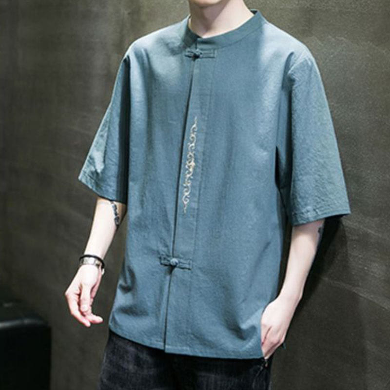 Buddha Stones Plain Color Frog-Button Embroidery Men's Half Sleeve Cotton Shirt - image 2