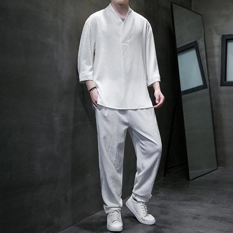 Buddha Stones Solid Color V-Neck Three Quarter Sleeve Shirt Casual Pants Clothing Men's Set - image 6