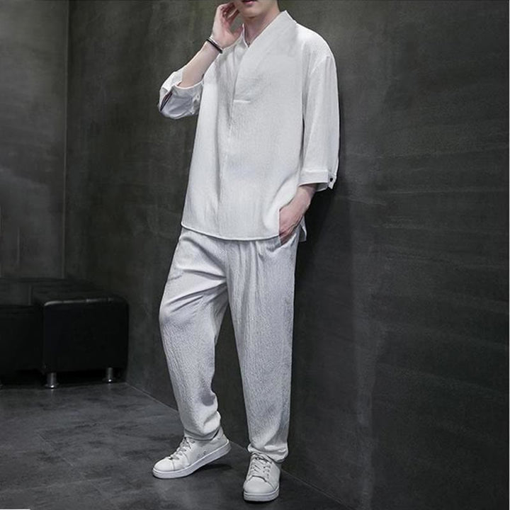 Buddha Stones Solid Color V-Neck Three Quarter Sleeve Shirt Casual Pants Clothing Men's Set - image 4