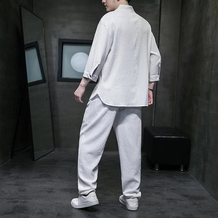 Buddha Stones Solid Color V-Neck Three Quarter Sleeve Shirt Casual Pants Clothing Men's Set - image 3
