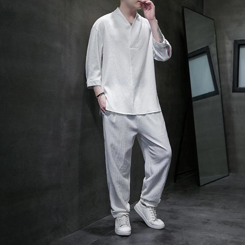 Buddha Stones Solid Color V-Neck Three Quarter Sleeve Shirt Casual Pants Clothing Men's Set - image 2