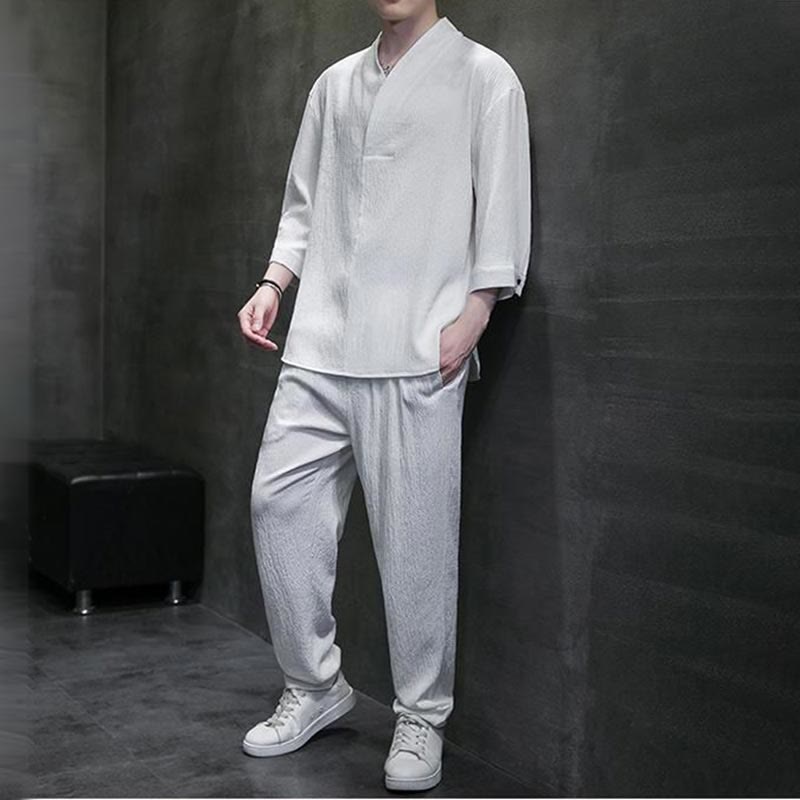 Buddha Stones Solid Color V-Neck Three Quarter Sleeve Shirt Casual Pants Clothing Men's Set - image 7