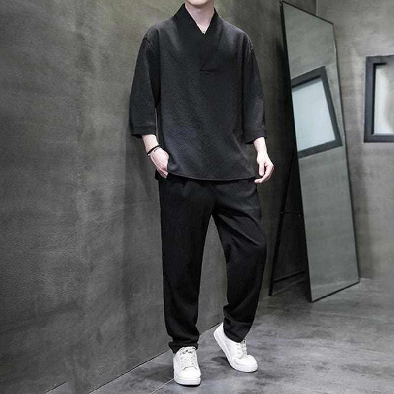 Buddha Stones Solid Color V-Neck Three Quarter Sleeve Shirt Casual Pants Clothing Men's Set - image 18
