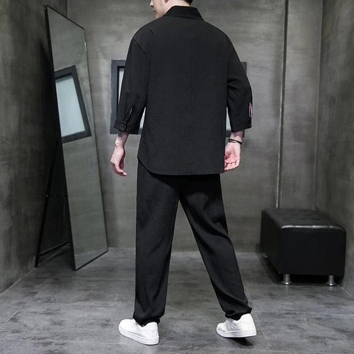 Buddha Stones Solid Color V-Neck Three Quarter Sleeve Shirt Casual Pants Clothing Men's Set - image 9