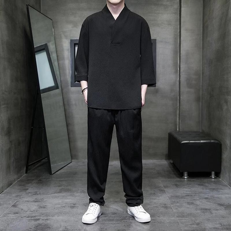 Buddha Stones Solid Color V-Neck Three Quarter Sleeve Shirt Casual Pants Clothing Men's Set - Black - US/UK/AU44，EU54 (4XL) - image 8